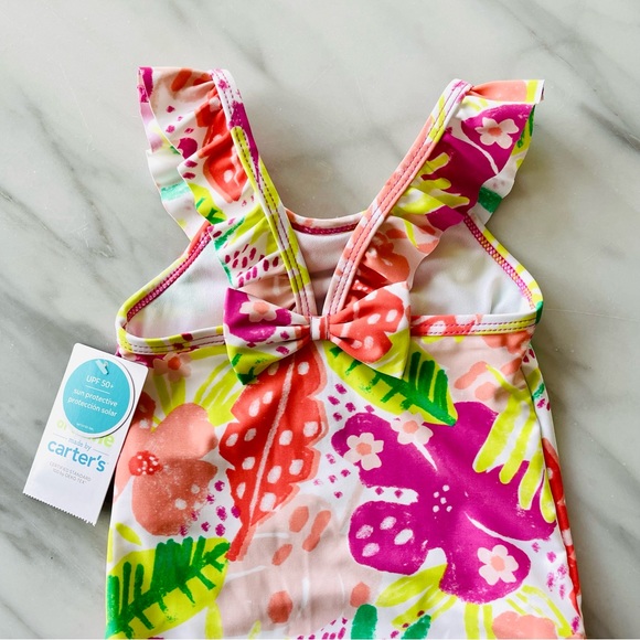 Carter’s•NWT•12m•1-Piece Floral Swimsuit•Ruffled Front+Straps~Bow•Diaper Snaps - Picture 4 of 12